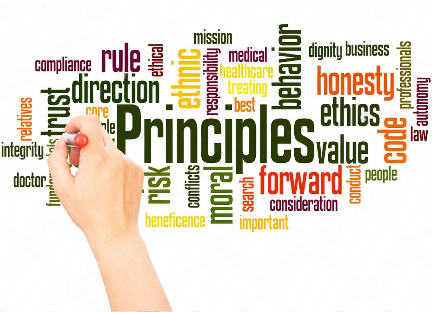 Hand writing the word Principles surrounded by ethics, compliance, and trust keywords